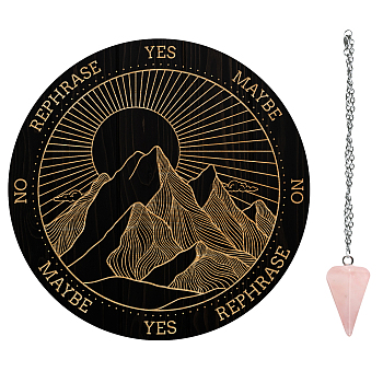 AHADEMAKER 1Pc PVC Plastic Pendulum Board, with 1Pc Natural Rose Quartz Stone Pendants, and 1Pc 304 Stainless Steel Cable Chain, for Witchcraft Wiccan Altar Supplies, Mountain Pattern, Board: 200x4mm