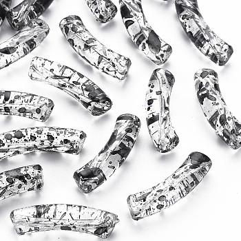 Transparent Spray Painted Acrylic Beads, Curved Tube with Black Spots, Clear, 32x10x8mm, Hole: 1.8mm