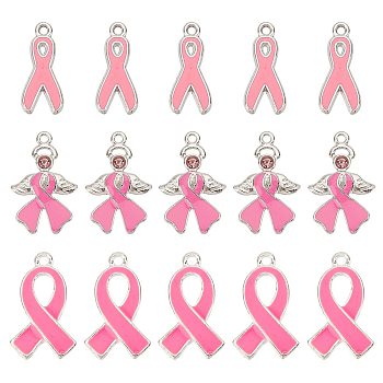 30Pcs 3 Style October Breast Cancer Pink Awareness Ribbon Alloy Enamel Pendants, with Rhinestone, Mixed Color, 19~25x8~15x1~2mm, Hole: 1.5~2mm, 10pcs/style
