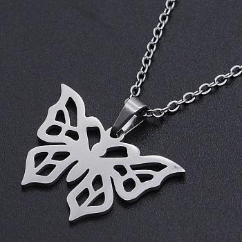 201 Stainless Steel Pendants Necklaces, with Cable Chains and Lobster Claw Clasps, Butterfly, Stainless Steel Color, 17.71 inch(45cm), 1.5mm