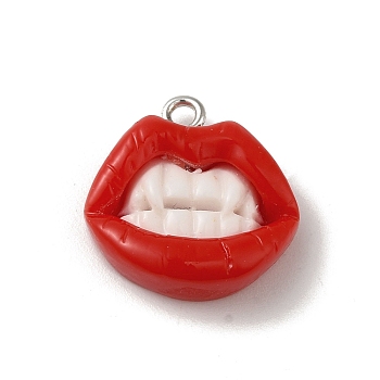 Opaque Resin Pendants, Lip Charms with Platinum Plated Iron Loops, White, 19x18.5x6mm, Hole: 2mm