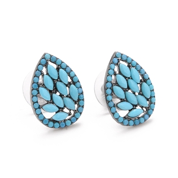 Bohemian Synthetic Turquoise Teardrop Stud Earrings, Alloy Jewelry for Women, Gunmetal, Turquoise, 18x12.5x2.5mm, Pin: 0.6mm