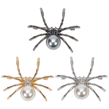 WADORN 3Pcs 3 Colors Alloy Rhinestone Brooch, with Imitation Pearl, Halloween Spider Pins, Mixed Color, 43x48x15mm, 1pc/color