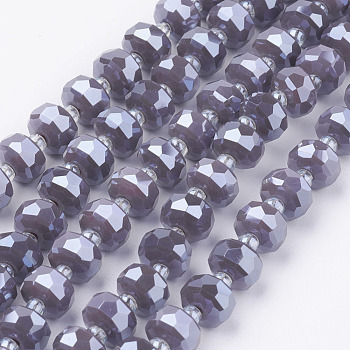 Electroplate Opaque Glass Beads Strands, Pearl Luster Plated, Faceted, Flat Round, Slate Blue, 7.5~8mm, Hole: 1mm, about 50pcs/strand, 13.7 inch(35cm)