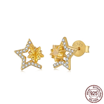 Star 925 Sterling Silver Micro Pave Cubic Zirconia Ear Studs for Women, with S925 Stamp, Real 18K Gold Plated, 9.5x9.5mm