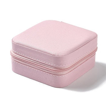 Square PU Leather Jewelry Zipper Storage Boxes, Travel Portable Jewelry Cases for Necklaces, Rings, Earrings and Pendants, Pearl Pink, 9.6x9.6x5cm