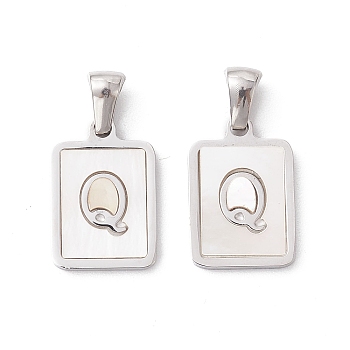 304 Stainless Steel Pave Shell Pendants, Rectangle Charm, Stainless Steel Color, Letter Q, 17.5x12x1.5mm, Hole: 3x5mm