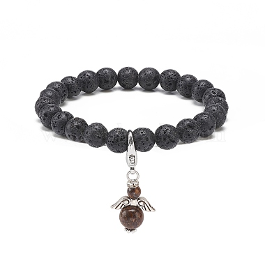 Natural Lava Rock & Gemstone Stretch Bracelet with Alloy Fairy Charms(BJEW-JB08730)-3