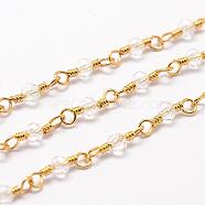 Handmade Glass Beaded Chains, with Spool, Unwelded, Faceted Rondelle, with Brass Findings, Golden, Clear, 4x3mm, about 32.8 Feet(10m)/roll(CHC-G312-G01)