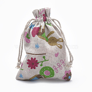 Polycotton(Polyester Cotton) Packing Pouches Drawstring Bags, with Printed Flower and Rabbit, Old Lace, 14x10cm(ABAG-T006-A03)