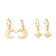 Brass Huggie Hoop Earrings Sets, Star & Moon, Golden, 27~31mm, Pin: 0.8mm, 2pairs/set(EJEW-JE04217)