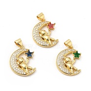 Brass Micro Pave Cubic Zirconia Pendants, Moon with Bear & Star Charm, Golden, Mixed Color, 20.5x16x4mm, Hole: 5x3.5mm(KK-H441-24G)