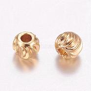 Brass Corrugated Beads, Round, Long-Lasting Plated, Real 24K Gold Plated, 3x2.5mm, Hole: 1mm(KK-P117-12G)