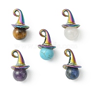 Natural & Synthetic Mixed Gemstone Pendants, Round Charms, with Rainbow Color Plated Alloy Witch Hat Pendant Bails, 18~18.5x10.5x11mm, Hole: 1.8mm(PALLOY-JF02183)