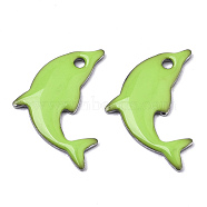 201 Stainless Steel Enamel Pendants, Dolphin, Stainless Steel Color, Green Yellow, 17x11.5x1.5mm, Hole: 1.2mm(X-STAS-N088-16F)
