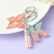 Resin & Acrylic Keychains, with Alloy Split Key Rings and Faux Suede Tassel Pendants, Letter & Butterfly, Letter K, 8.6cm(KEYC-YW00002-11)
