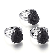 Adjustable Natural Lava Rock Finger Rings, with Platinum Plated Brass Findings, Teardrop, Size 8, Inner Diameter: 18mm(RJEW-F107-A10)