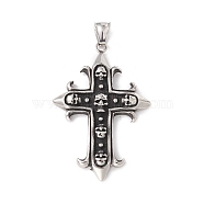 304 Stainless Steel Big Pendant, Cross with Skull, Antique Silver, 56x38x5mm, Hole: 8x4mm(STAS-E158-49AS)