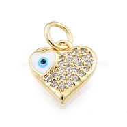 Brass Micro Pave Clear Cubic Zirconia Charms, with Enamel and Jump Rings, Golden, Heart with Evil Eye, White, 10x10x2.5mm, Hole: 3mm(KK-I691-03D)
