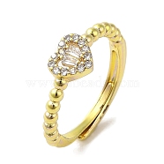 Rack Plating Brass Micro Pave Cubic Zirconia Adjustable Rings, Long-Lasting Plated, Lead Free & Cadmium Free, Heart, Clear, US Size 7 1/4(17.5mm)(RJEW-H228-02G-02)