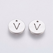 304 Stainless Steel Charms,  Flat Round with Letter, Stainless Steel Color, Letter.V, 10x1mm, Hole: 1mm(STAS-P212-15P-20)