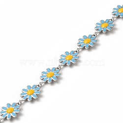304 Stainless Steel Flower Link Chains, with Enamel, Soldered, with Spool, Deep Sky Blue, 10x1~2mm(CHS-C004-04C-P)