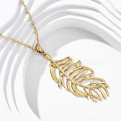 304 Stainless Steel Leaf Pendant Necklaces, Ion Plating(IP), Real 18K Gold Plated, 17.99 inch(45.7cm)(NJEW-H059-29A-G)