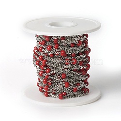 304 Stainless Steel Cable Chains, Satellite Chains, with Enamel, Soldered, with Spool, Flat Oval, Red, 2.4x2x0.4mm, Beads: 4mm, about 32.8 Feet(10m)/roll(CHS-E016-01H)
