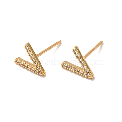 Clear Cubic Zirconia Initial Letter V Stud Earrings, Brass Jewelry for Women, Cadmium Free & Nickel Free & Lead Free, Real 18K Gold Plated, 7x8.5mm, Pin: 0.6mm(EJEW-P199-19G)