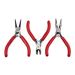 Steel Pliers Set, with Plastic Handles, including Side Cutter Pliers, Round Nose Plier, Needle Nose Wire Cutter Plier, Red, 113~126x48~52x6~10mm, 3pcs/set(TOOL-N007-002B)