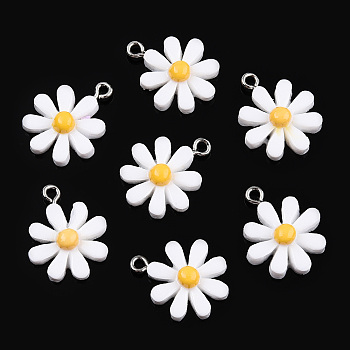 Opaque Resin Pendants, Daisy Flower Charms, White, 21x17x5.5mm, Hole: 2mm