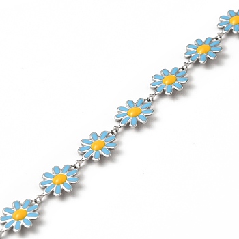 304 Stainless Steel Flower Link Chains, with Enamel, Soldered, with Spool, Deep Sky Blue, 10x1~2mm