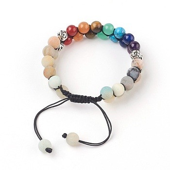 Chakra Natural Flower Amazonite Braided Bead Bracelets, with Natural & Synthetic Mixed Stone and Alloy Findings, Antique Silver, 2-3/8 inch(6cm)