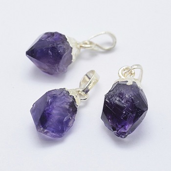 Natural Amethyst Pendants, with Brass Findings, Silver Color Plated, 17~25x8~14x9mm, Hole: 3x5mm