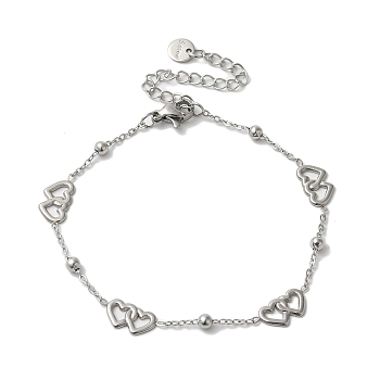 Titanium Steel Double Heart Link Bracelets for Women, Stainless Steel Color, 7 inch(17.7cm)