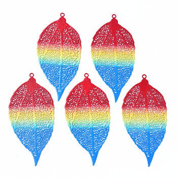430 Stainless Steel Big Pendants, Spray Painted, Etched Metal Embellishments, Leaf, Colorful, 64.5x30.5x0.6mm, Hole: 1.6mm