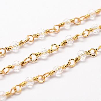 Handmade Glass Beaded Chains, with Spool, Unwelded, Faceted Rondelle, with Brass Findings, Golden, Clear, 4x3mm, about 32.8 Feet(10m)/roll