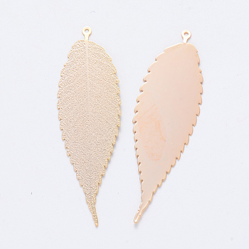 Brass Big Pendants, Nickel Free, Leaf, Real 18K Gold Plated, 57.5x17.5x0.3mm, Hole: 1mm