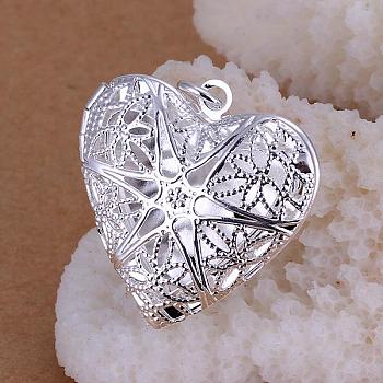 Brass Hollow Heart Diffuser Locket Pendants, Silver Color Plated, 31x26mm