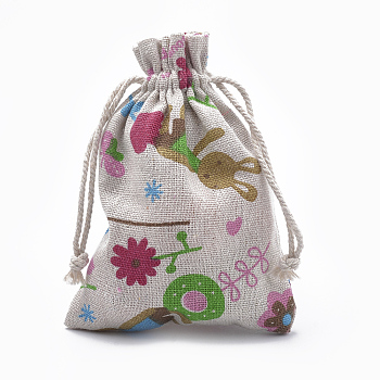 Polycotton(Polyester Cotton) Packing Pouches Drawstring Bags, with Printed Flower and Rabbit, Old Lace, 14x10cm