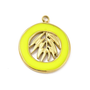 304 Stainless Steel Enamel Pendants, Golden, Flat Round with Leaf Charm, Green Yellow, 18x16x1mm, Hole: 1.6mm