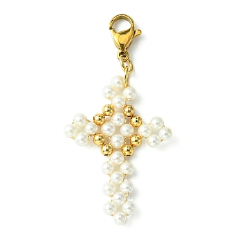 Shell Pearl & Brass Beaded Pendant Decoration, with 304 Stainless Steel Lobster Claw Clasps, Cross, 50mm