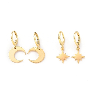 Brass Huggie Hoop Earrings Sets, Star & Moon, Golden, 27~31mm, Pin: 0.8mm, 2pairs/set