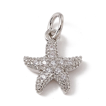 Brass Micro Pave Cubic Zirconia Charms, with Jump Rings, Starfish Charms, Platinum, 13.5x10.5x2mm, Hole: 3.4mm