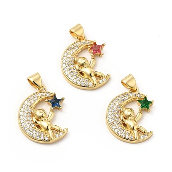 Brass Micro Pave Cubic Zirconia Pendants, Moon with Bear & Star Charm, Golden, Mixed Color, 20.5x16x4mm, Hole: 5x3.5mm