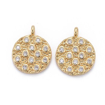 Brass Micro Pave Cubic Zirconia Pendants, Flat Round, Golden, Clear, 15x12x2mm, Hole: 1.5mm