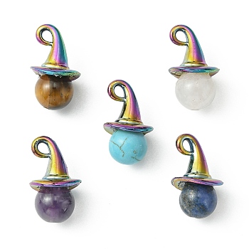 Natural & Synthetic Mixed Gemstone Pendants, Round Charms, with Rainbow Color Plated Alloy Witch Hat Pendant Bails, 18~18.5x10.5x11mm, Hole: 1.8mm