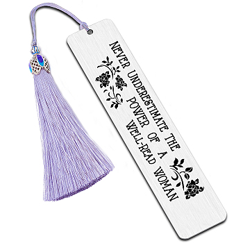 Fingerinspire 2Pcs 2 Style Stainless Steel Bookmarks, Rectangle, with Nylon Tassel Big Pendant Decorations, Stainless Steel Color, 80~125x10.5~26mm, 1pc/style