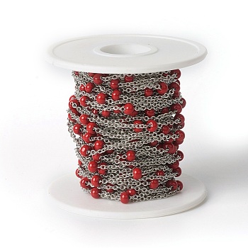 304 Stainless Steel Cable Chains, Satellite Chains, with Enamel, Soldered, with Spool, Flat Oval, Red, 2.4x2x0.4mm, Beads: 4mm, about 32.8 Feet(10m)/roll