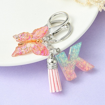 Resin & Acrylic Keychains, with Alloy Split Key Rings and Faux Suede Tassel Pendants, Letter & Butterfly, Letter K, 8.6cm